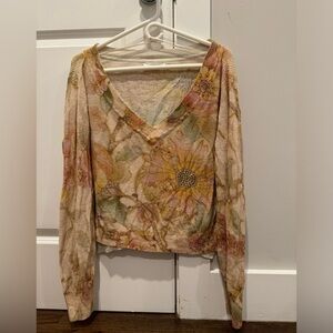 Anthropologie Floral V-Neck Top - Cream and Pink